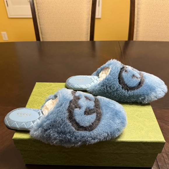 New Gucci GG Faux Fur Slip On Slides Blue Black Size 38 / US 8 - Picture 6 of 15